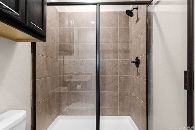 bathroom featuring toilet and a shower with door