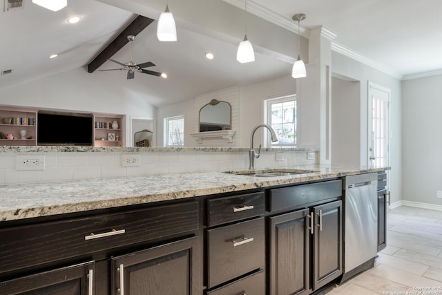 kitchen with lofted ceiling with beams, backsplash, open floor plan, a sink, and stainless steel dishwasher