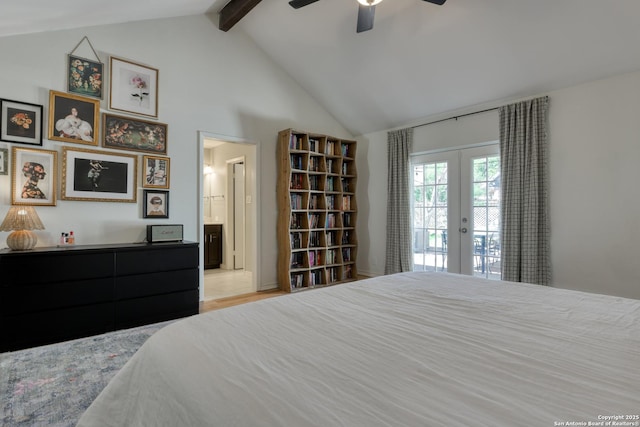 bedroom with ceiling fan, ensuite bathroom, access to exterior, french doors, and beam ceiling