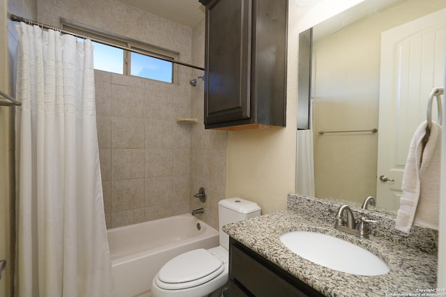 full bathroom with vanity, shower / bathtub combination with curtain, and toilet