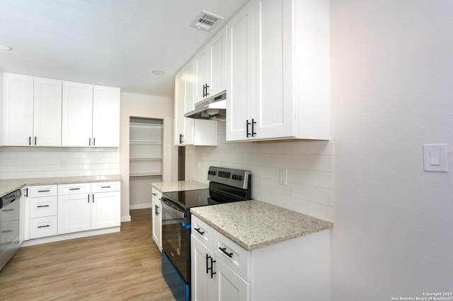 kitchen with white cabinetry, decorative backsplash, range with electric cooktop, and light wood-type flooring