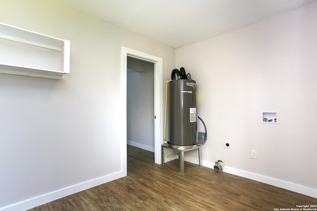 clothes washing area featuring washer hookup, electric dryer hookup, dark wood-type flooring, and electric water heater