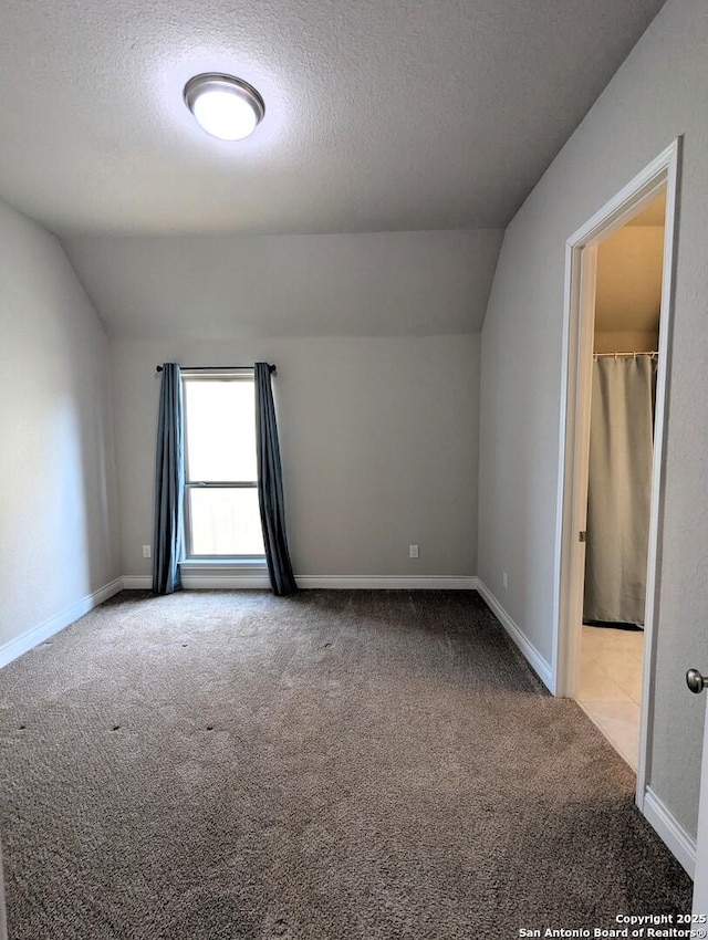 bonus room with vaulted ceiling, light carpet, and a textured ceiling