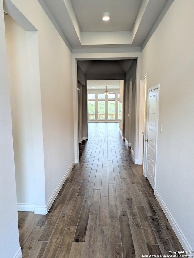 corridor featuring a tray ceiling and dark hardwood / wood-style floors