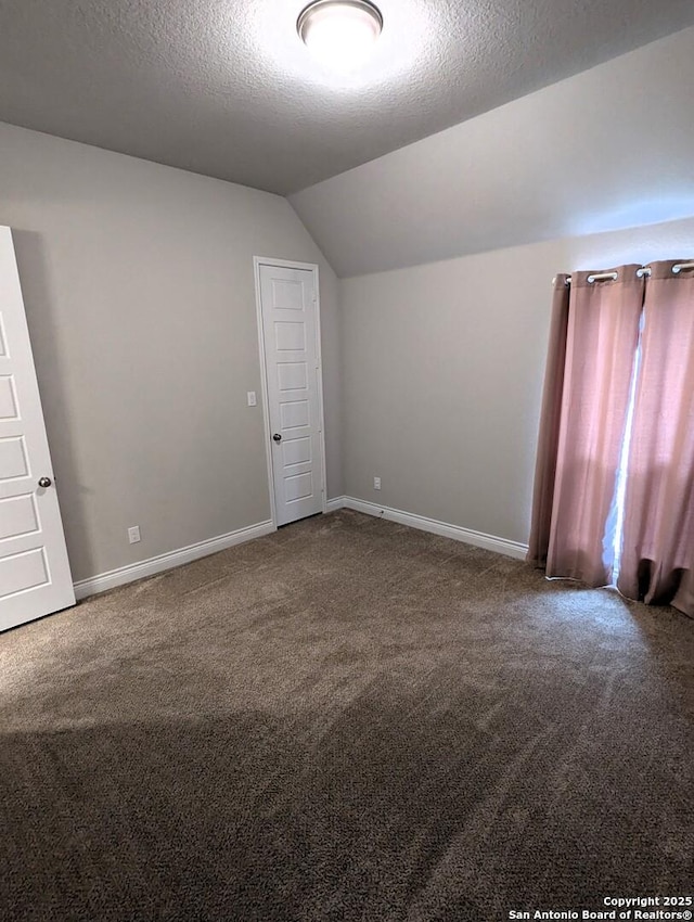 additional living space with vaulted ceiling, carpet flooring, and a textured ceiling