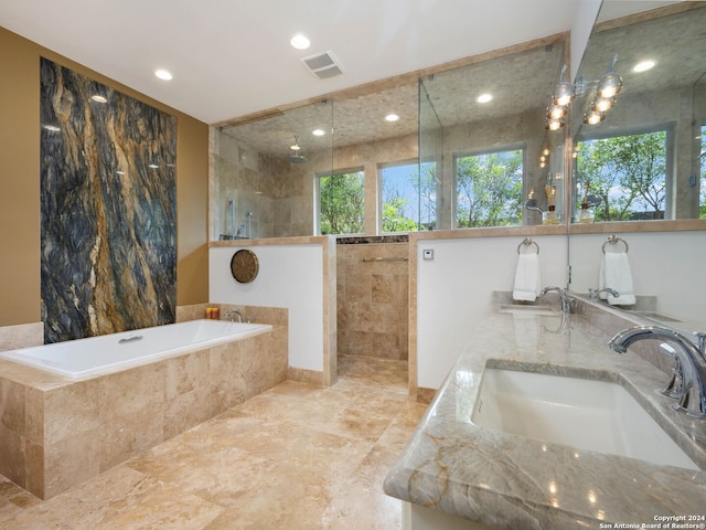 bathroom featuring vanity and independent shower and bath