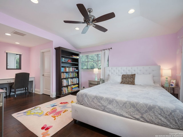 bedroom with dark hardwood / wood-style flooring, lofted ceiling, and ceiling fan