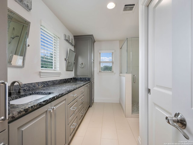 bathroom with vanity, a wealth of natural light, tile patterned floors, and walk in shower