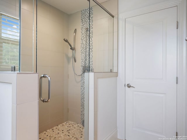 bathroom featuring a shower with shower door