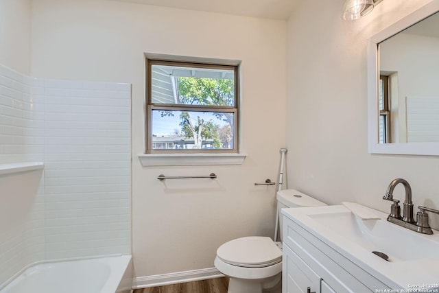 bathroom with vanity, toilet, and wood-type flooring