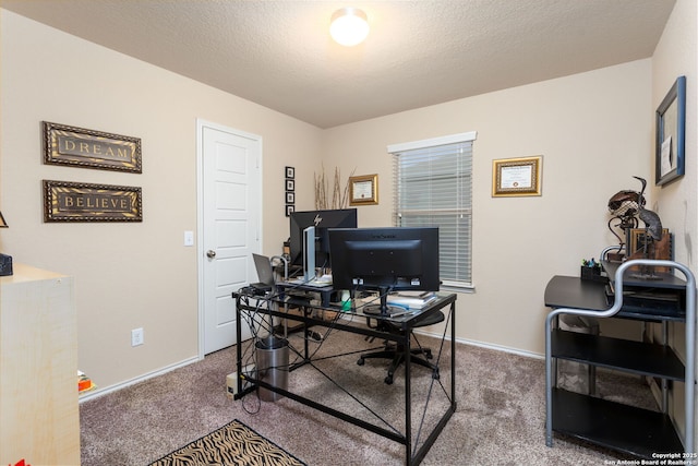 carpeted office with a textured ceiling