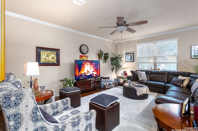 living room featuring ceiling fan and ornamental molding