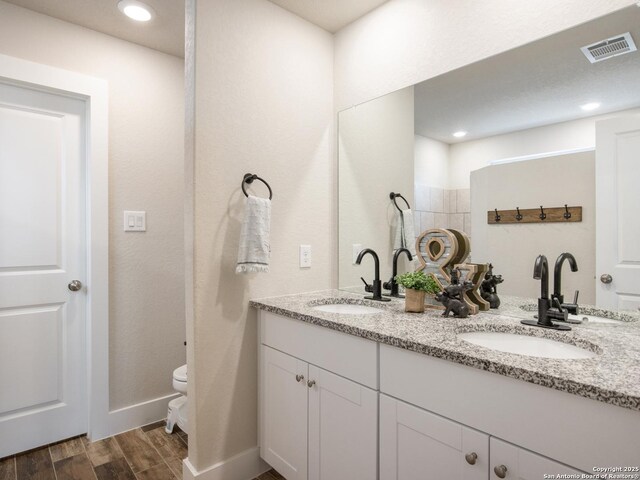 bathroom featuring vanity, toilet, and hardwood / wood-style floors