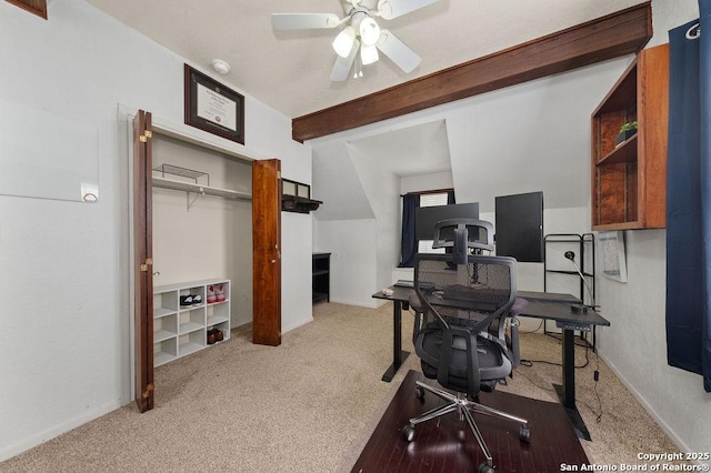 office area featuring ceiling fan and light carpet