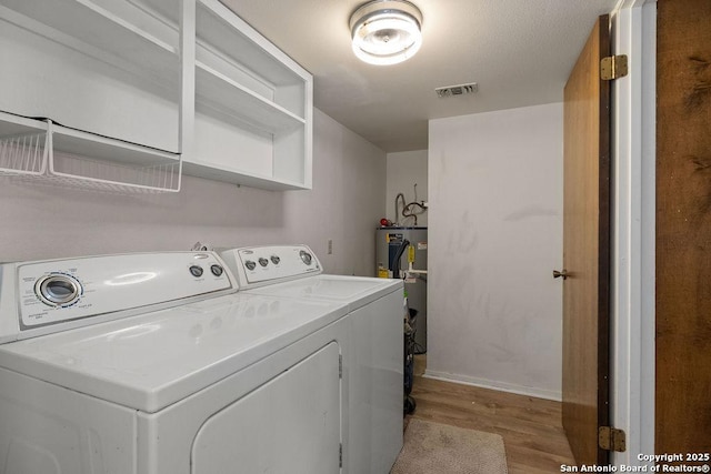 laundry area featuring independent washer and dryer, light hardwood / wood-style floors, and electric water heater