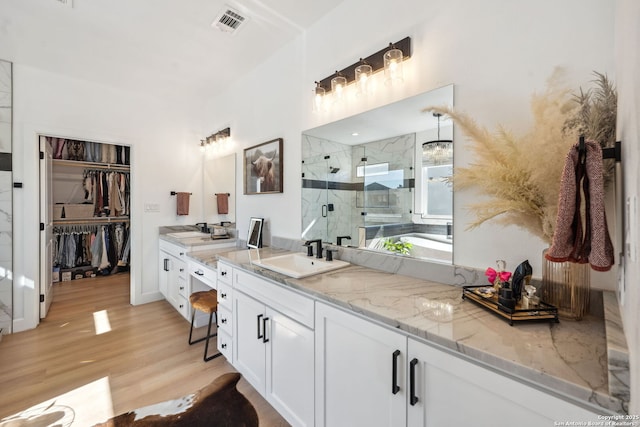 bathroom with vanity, a shower with shower door, and hardwood / wood-style floors