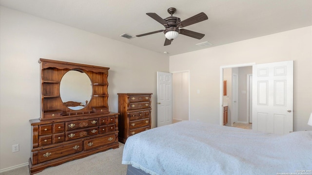 bedroom with ceiling fan and light colored carpet