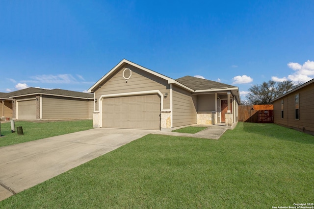 ranch-style house with a garage and a front lawn