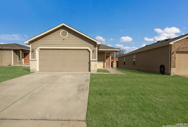 ranch-style home featuring a garage and a front yard