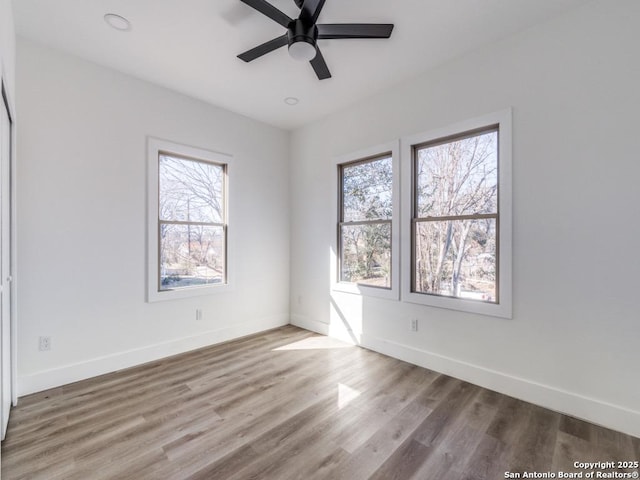 empty room with ceiling fan, plenty of natural light, and wood-type flooring