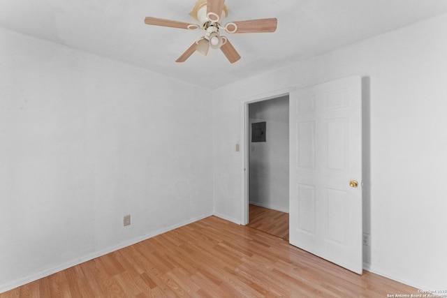 unfurnished bedroom featuring ceiling fan and light hardwood / wood-style flooring