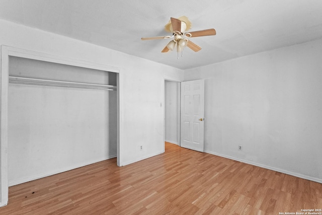 unfurnished bedroom with a closet, ceiling fan, and light hardwood / wood-style floors