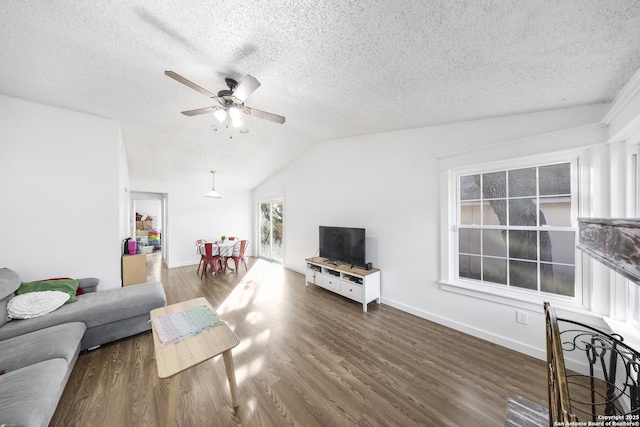 living room with dark hardwood / wood-style flooring, vaulted ceiling, and a textured ceiling