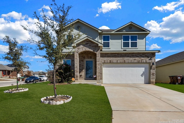 4538 Heathers Rose, Saint Hedwig, TX 78152 - traditional home with brick siding, an attached garage, a front yard, and concrete driveway