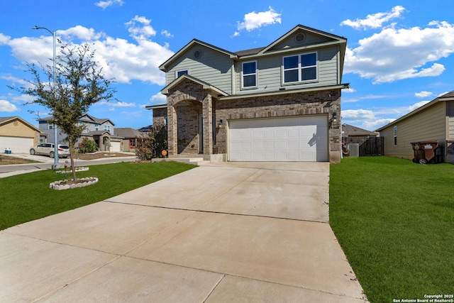 view of front of home with cooling unit, a garage, and a front yard