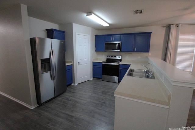 kitchen with dark hardwood / wood-style flooring, sink, stainless steel appliances, and blue cabinets