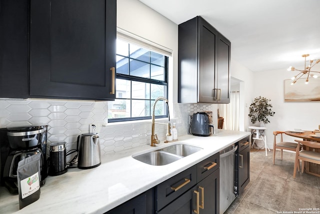 kitchen featuring a chandelier, dishwasher, sink, and decorative backsplash