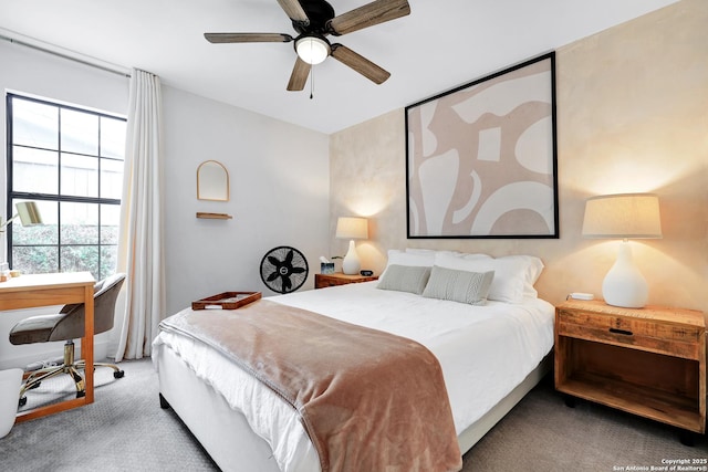 bedroom featuring carpet floors and ceiling fan