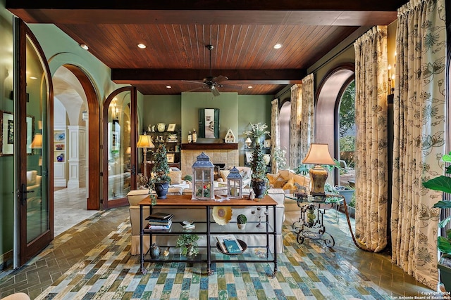 interior space featuring beamed ceiling, wooden ceiling, and ceiling fan