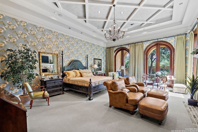 carpeted bedroom with beamed ceiling, ornamental molding, coffered ceiling, and a notable chandelier