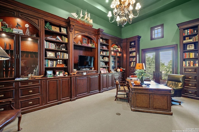 office area featuring light colored carpet and a notable chandelier