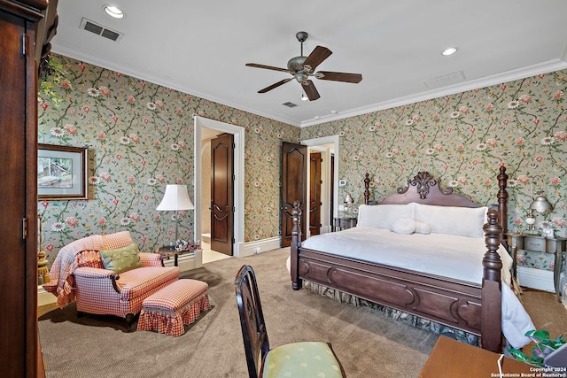 carpeted bedroom featuring ceiling fan and ornamental molding