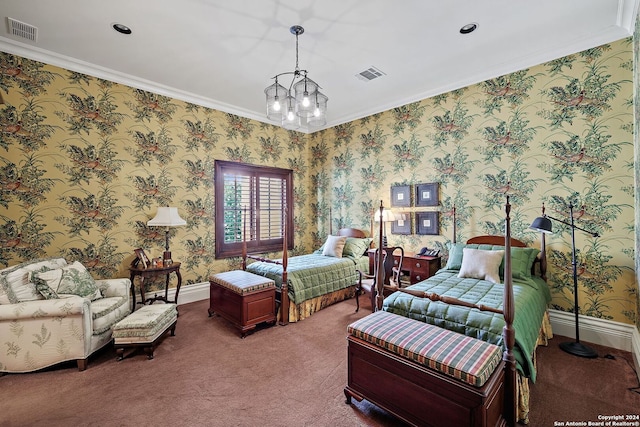 bedroom featuring an inviting chandelier, ornamental molding, and carpet floors