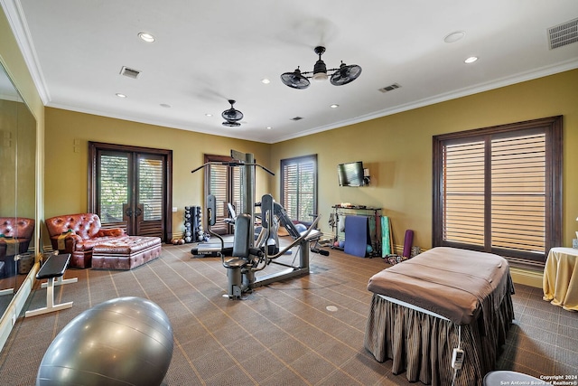 exercise room featuring crown molding, ceiling fan, a healthy amount of sunlight, and carpet floors