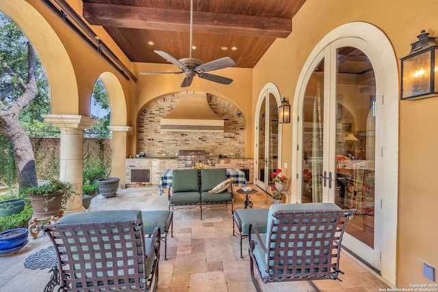 view of patio featuring ceiling fan, outdoor lounge area, a grill, area for grilling, and french doors