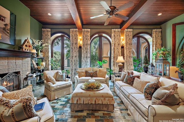 living room featuring beamed ceiling, ceiling fan, and wood ceiling