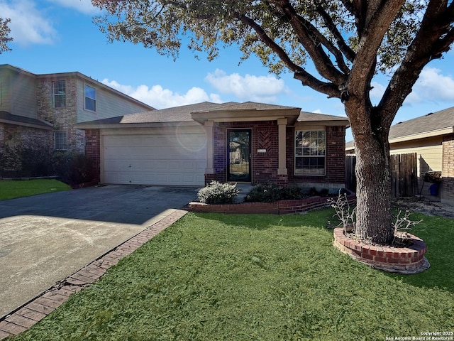 single story home with a garage and a front lawn