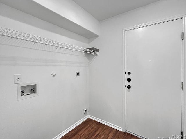 laundry room featuring dark wood-type flooring, washer hookup, hookup for an electric dryer, and hookup for a gas dryer