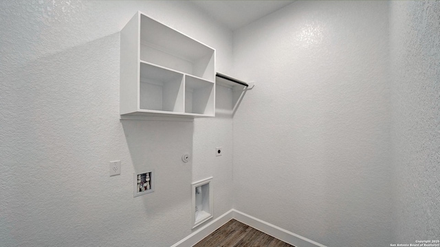 1716 Madden Hvn, San Antonio, TX 78245 - washroom with hookup for a gas dryer, electric dryer hookup, dark wood-style flooring, baseboards, and hookup for a washing machine