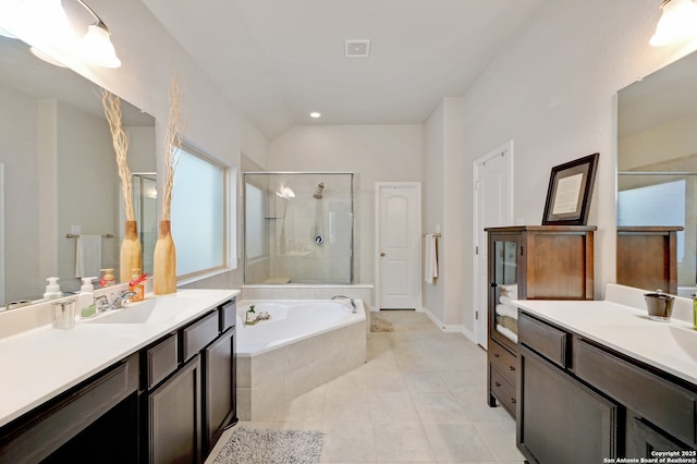 bathroom featuring vanity, separate shower and tub, and tile patterned flooring