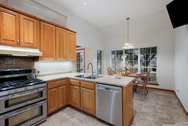 kitchen with appliances with stainless steel finishes, decorative light fixtures, sink, decorative backsplash, and kitchen peninsula