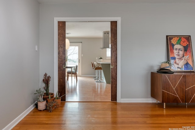 hall with baseboards and wood finished floors