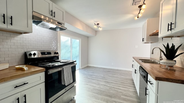 kitchen featuring sink, wooden counters, backsplash, stainless steel appliances, and white cabinets