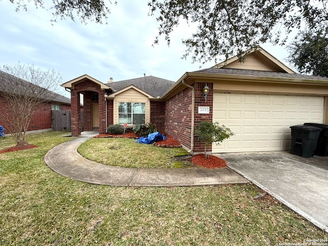 ranch-style house with a garage and a front yard