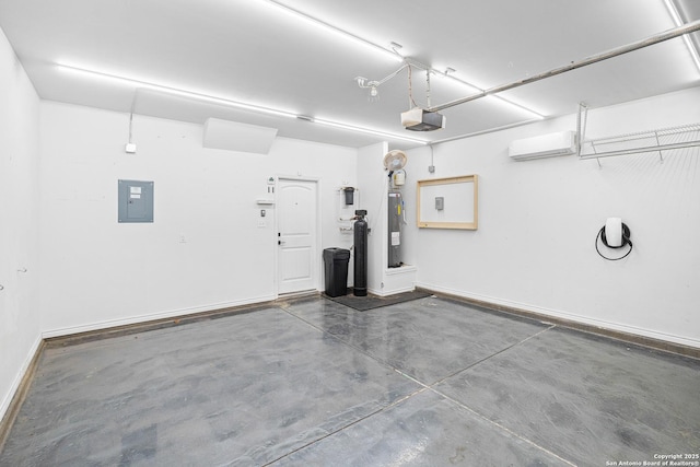 garage featuring a wall mounted air conditioner, a garage door opener, electric panel, and water heater