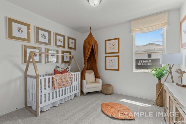 bedroom with light carpet and a crib